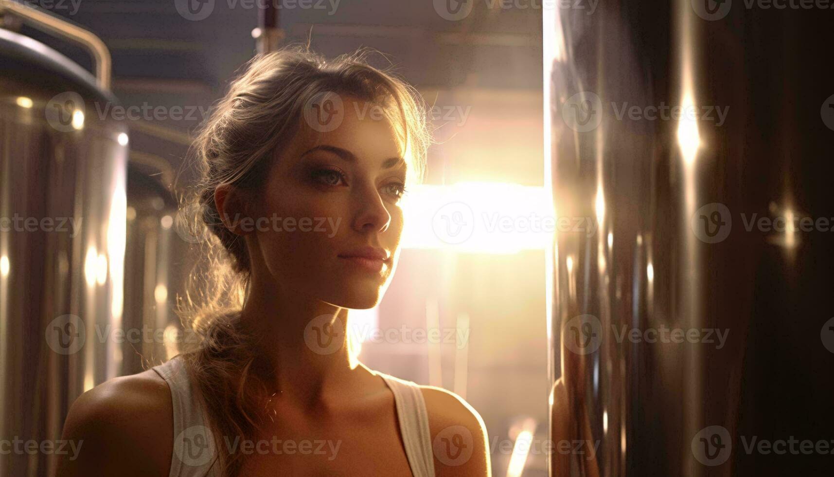 A stunning woman posing next to a metallic tank AI Generated photo