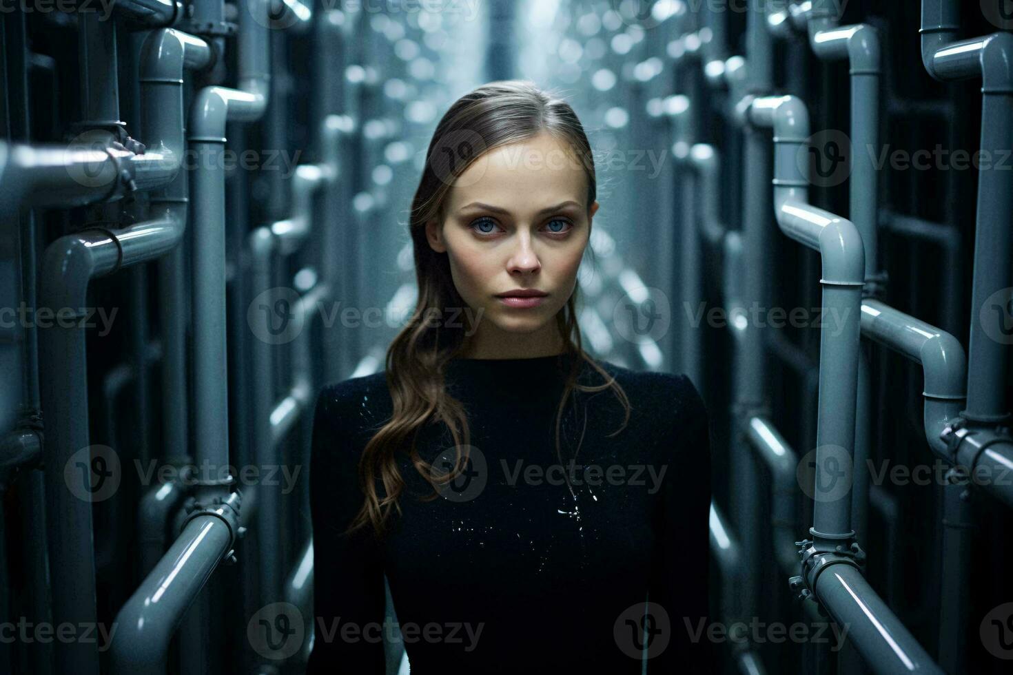 A woman in a black dress standing in a room with metal pipes AI Generated photo