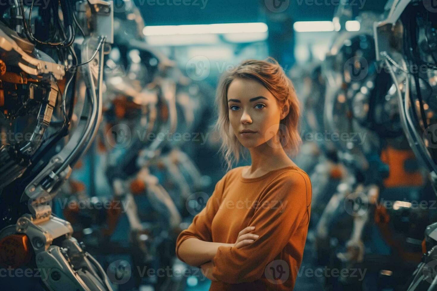 un mujer en frente de industrial maquinaria ai generado foto