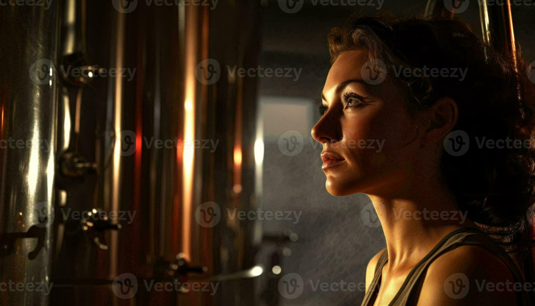 A woman standing in front of a row of metal tanks AI Generated photo