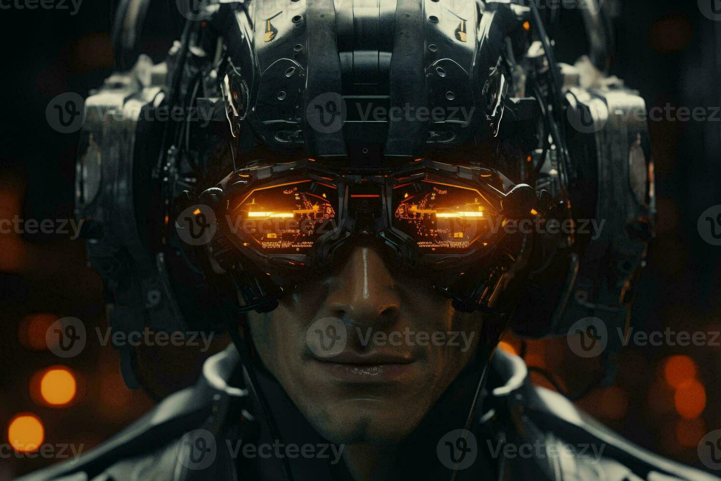 A man wearing a futuristic helmet and goggles AI Generated photo