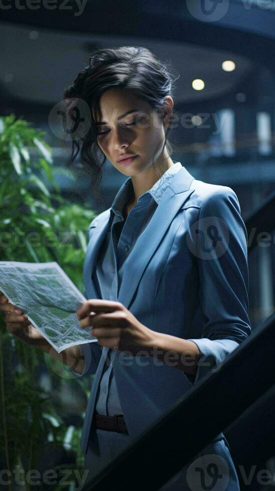 un mujer en un azul traje leyendo un pedazo de papel ai generado foto