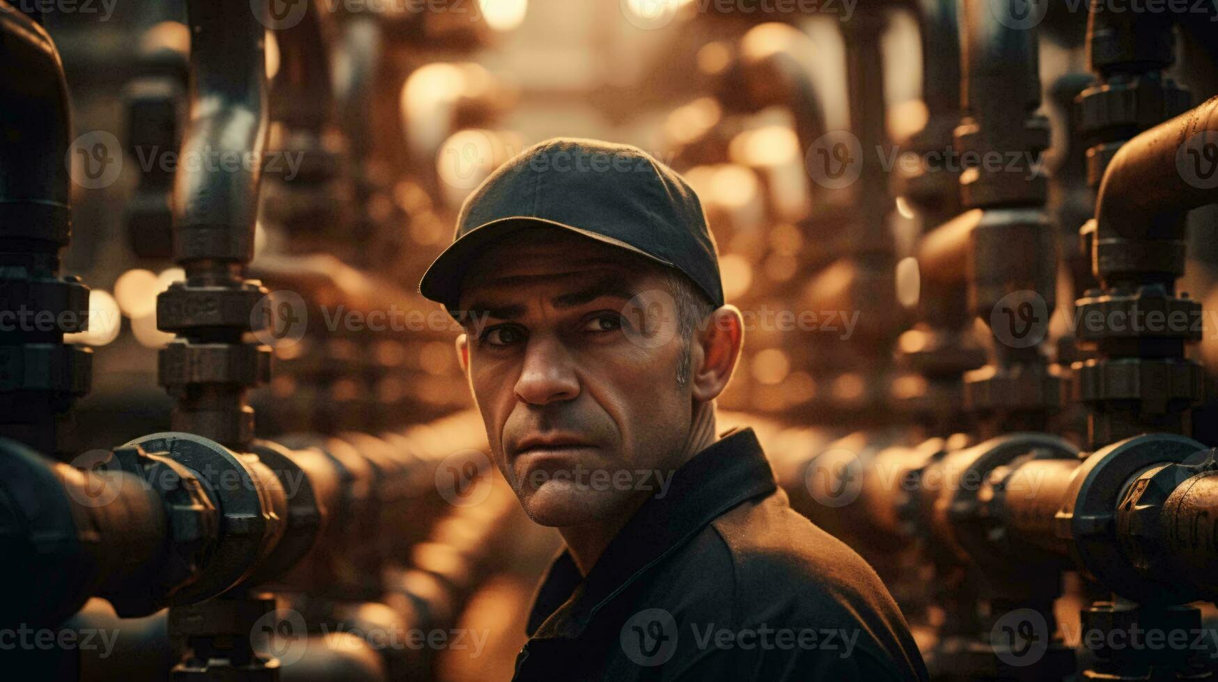 A man in a hat standing in front of pipes AI Generated photo