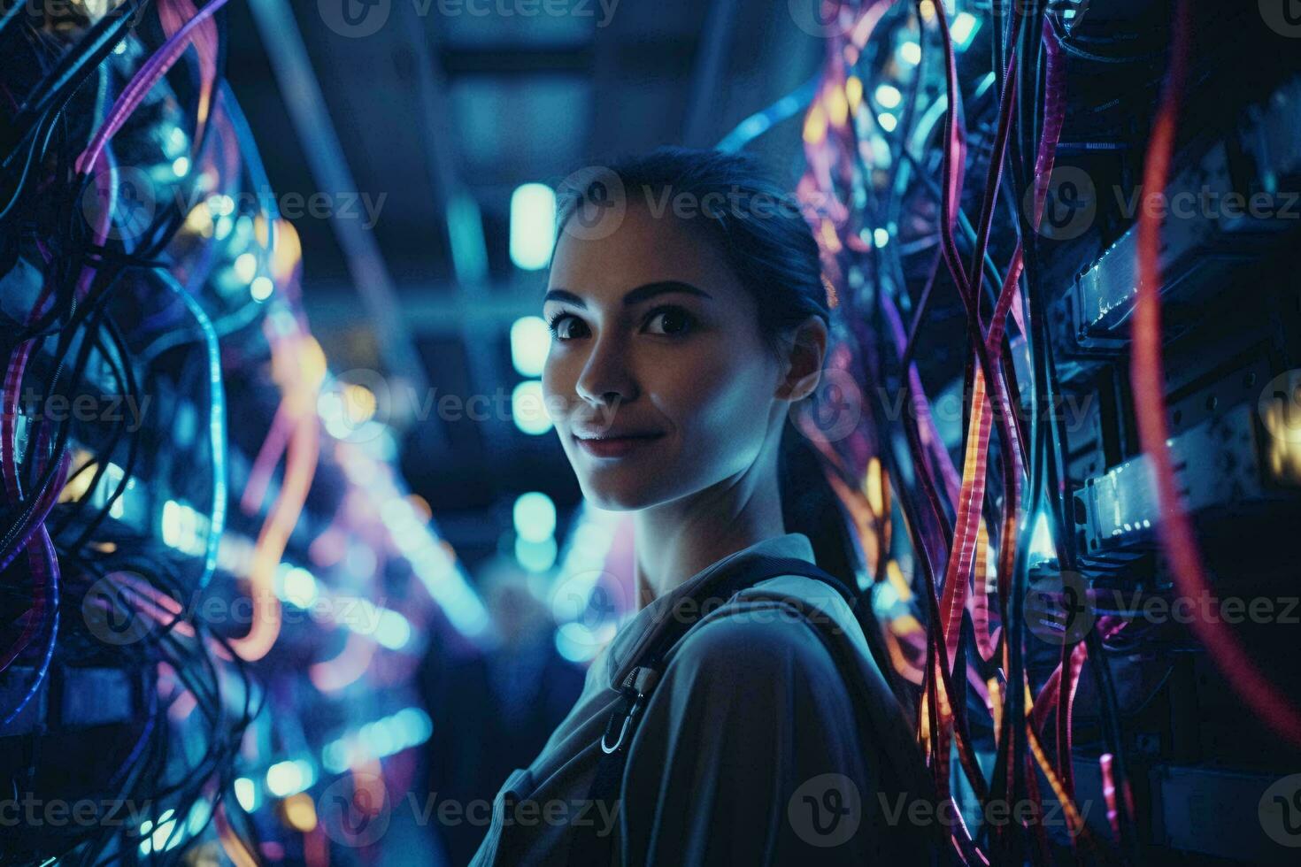 A woman surrounded by a network of tangled wires AI Generated photo