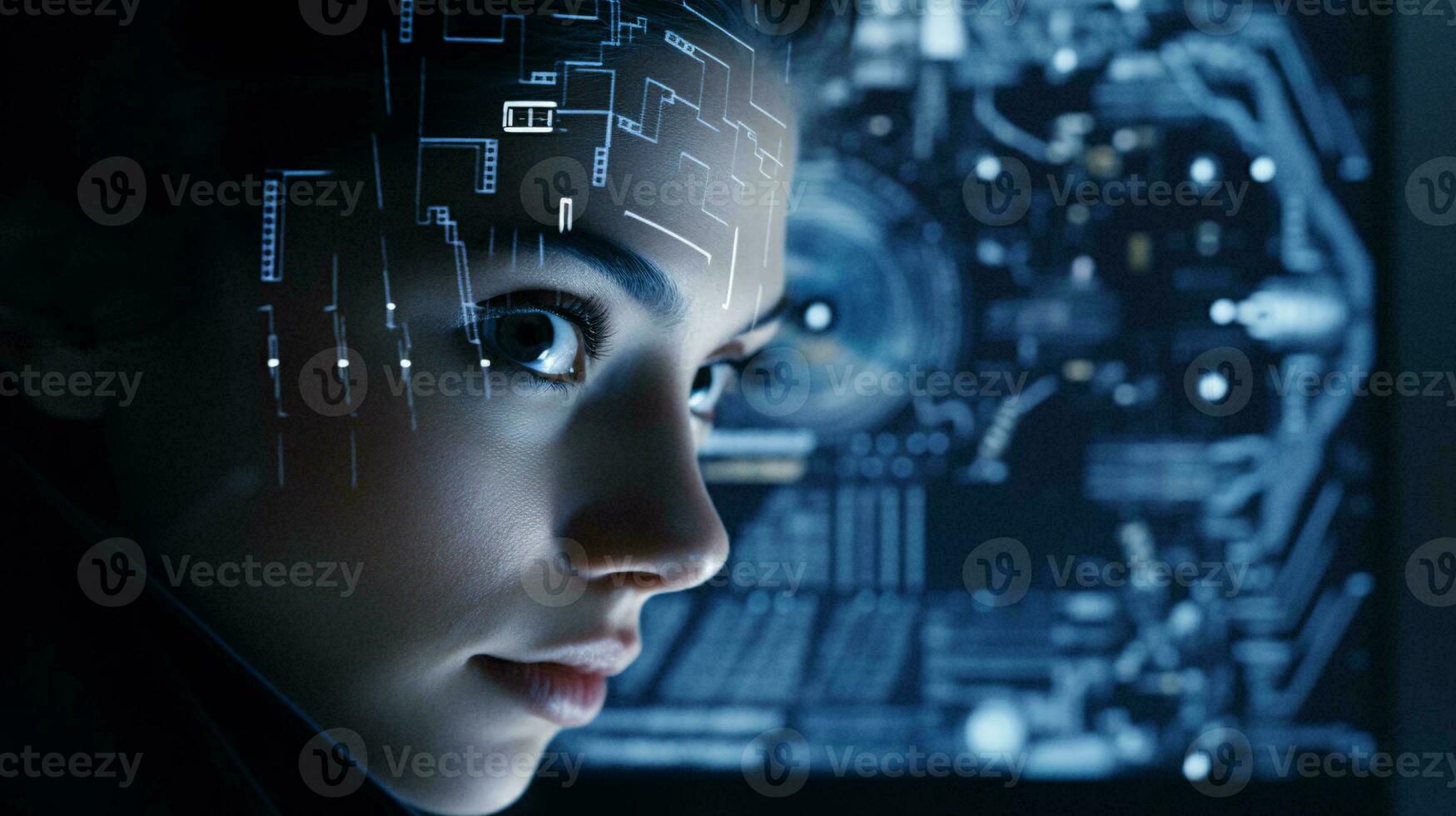 A woman using a computer with a futuristic digital backdrop AI Generated photo