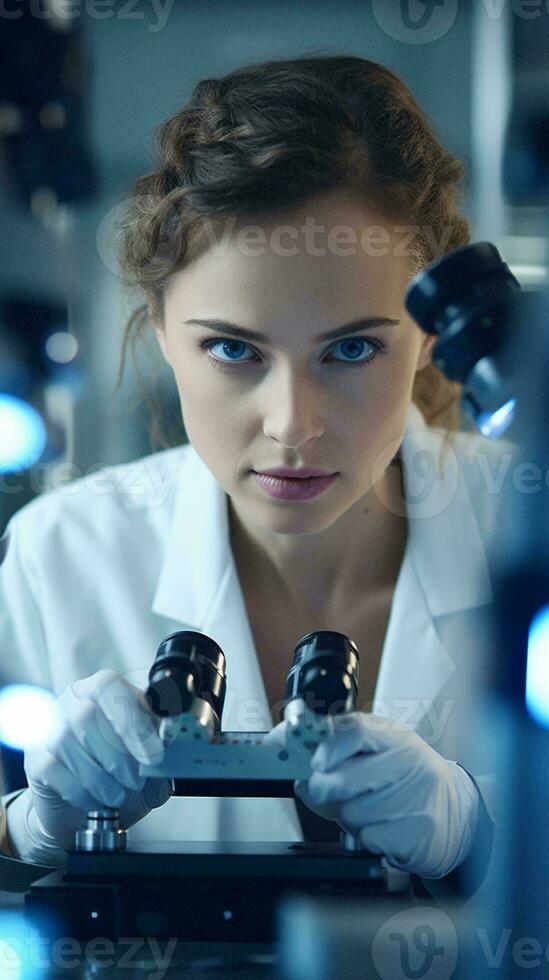 un mujer científico examinando un máquina en un laboratorio ai generado foto