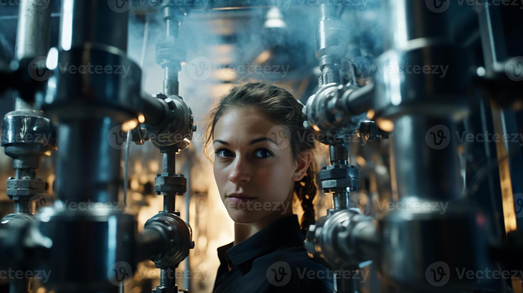 A woman in front of a steam-powered machine AI Generated photo