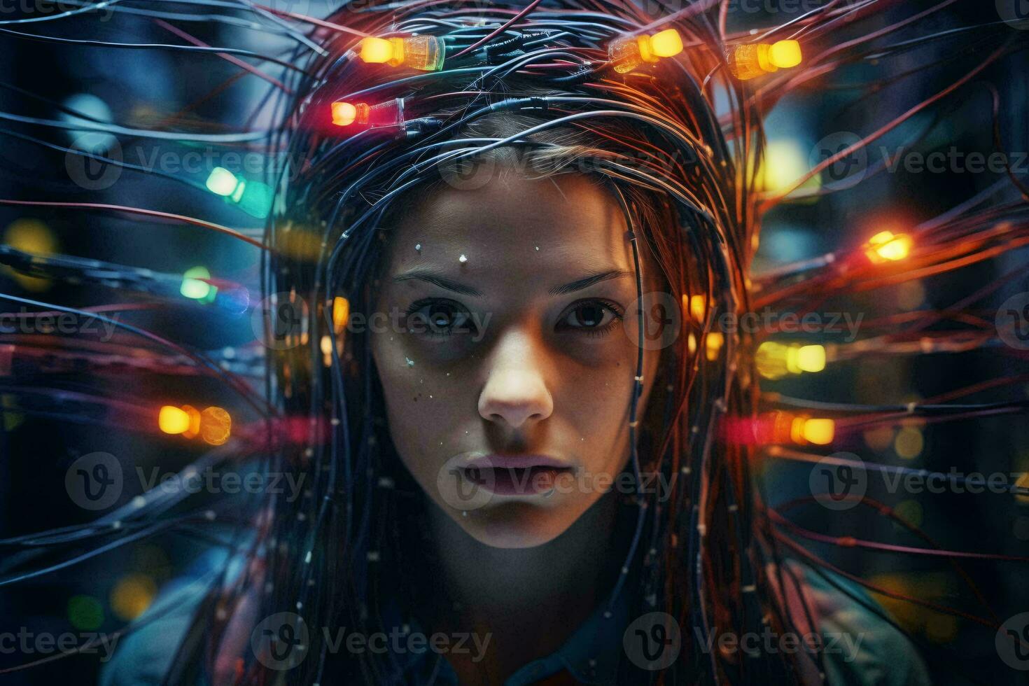 A woman with intricate hairstyle adorned with wires AI Generated photo