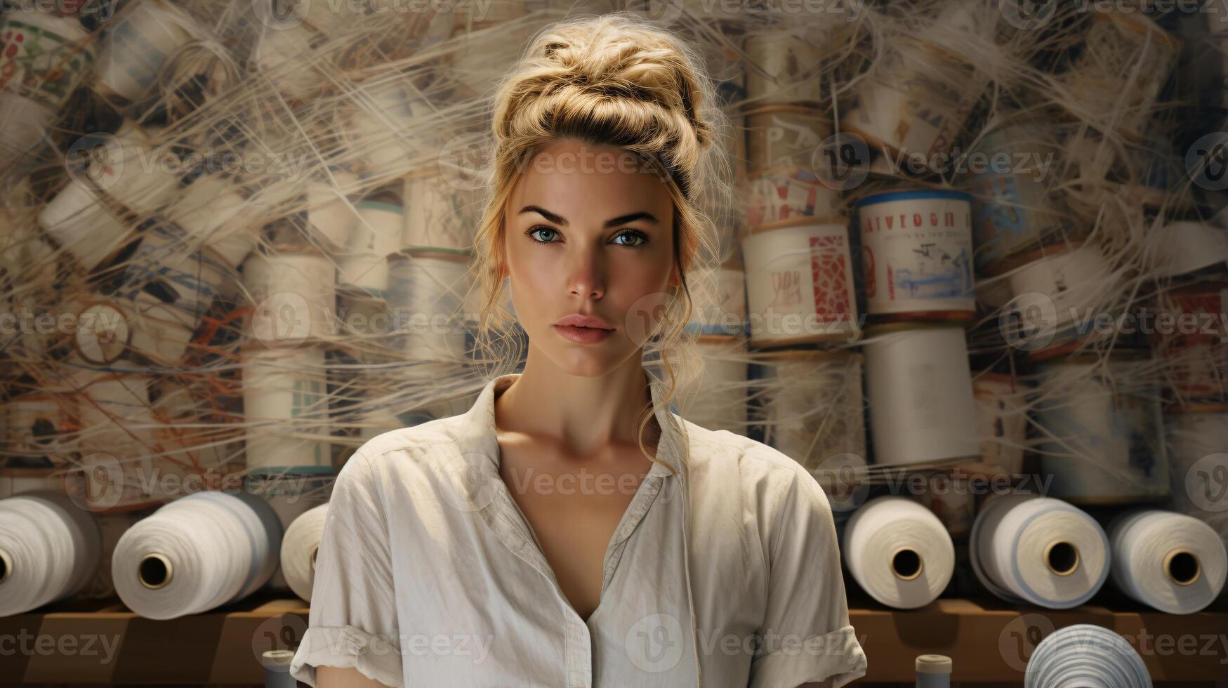 A woman surrounded by spools of thread in a textile factory AI Generated photo