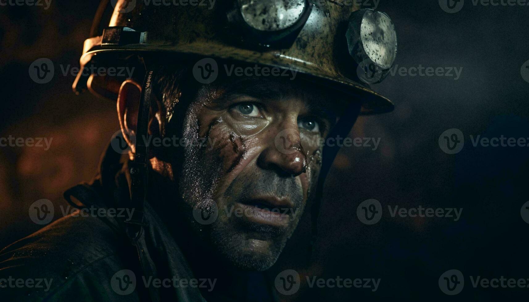 A man in a fireman's helmet in low light conditions AI Generated photo