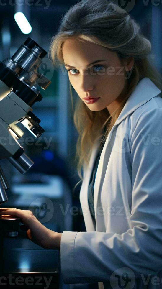 un hembra científico examinando un muestra debajo un microscopio en un laboratorio ai generado foto