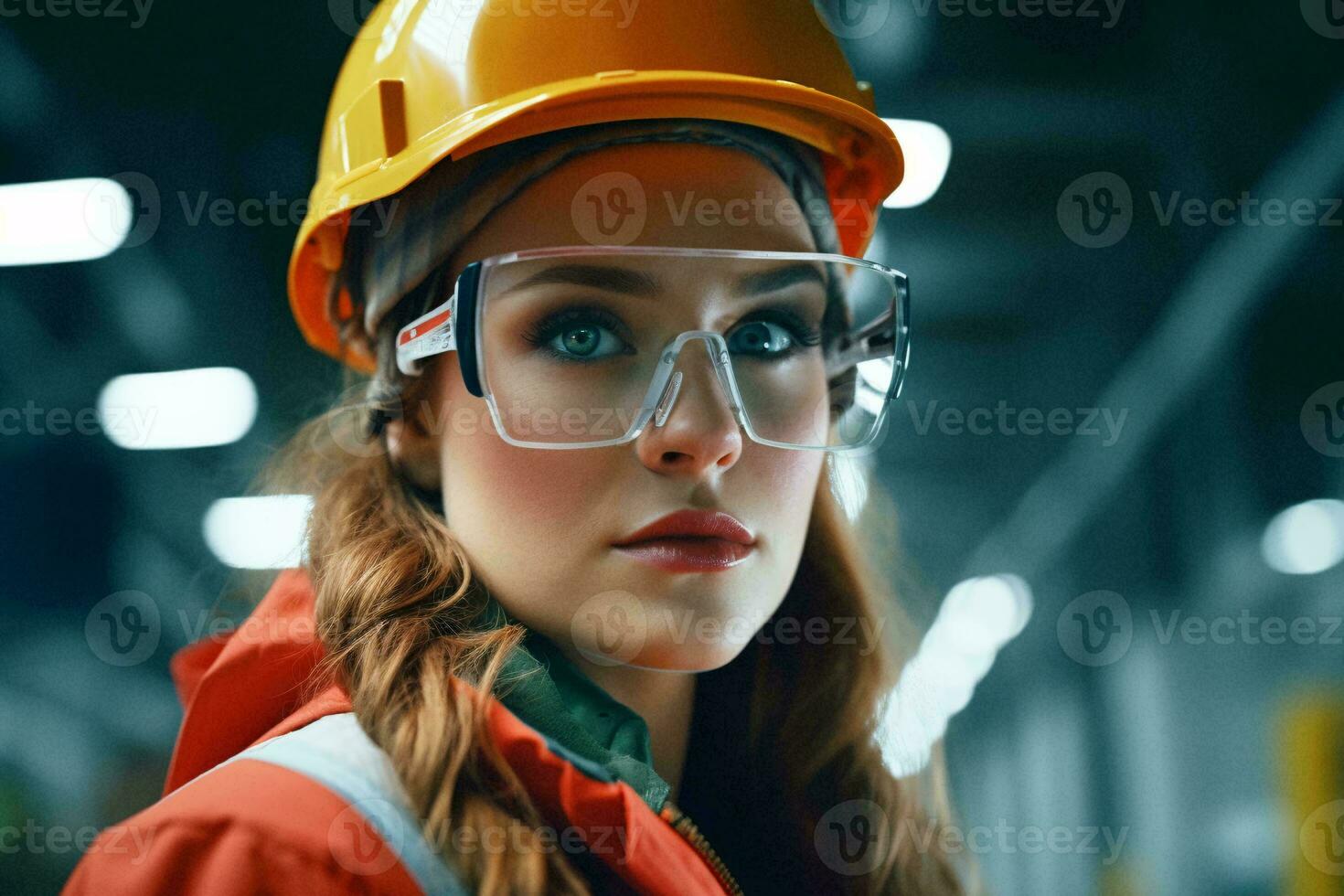 un mujer vistiendo la seguridad lentes y un difícil sombrero ai generado foto