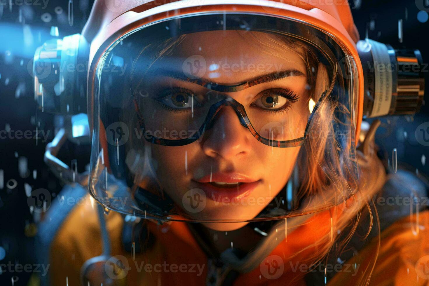 A woman wearing a helmet and goggles in the rain AI Generated photo