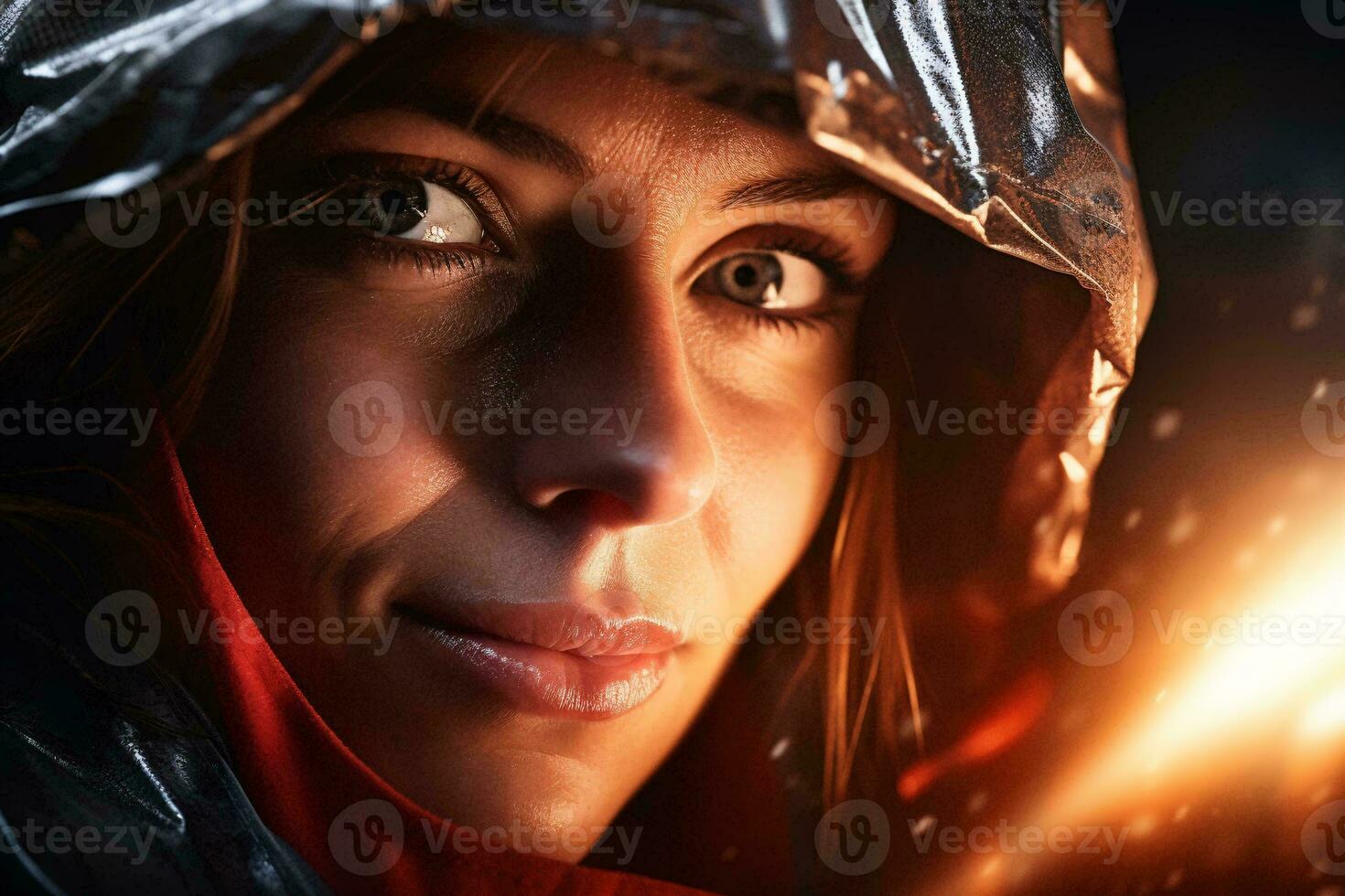 A woman in a raincoat gazing into the distance AI Generated photo