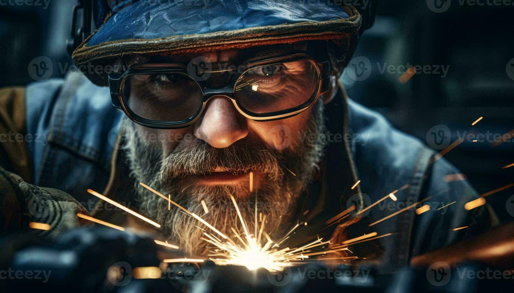 A bearded man wearing glasses working on metal fabrication AI Generated photo