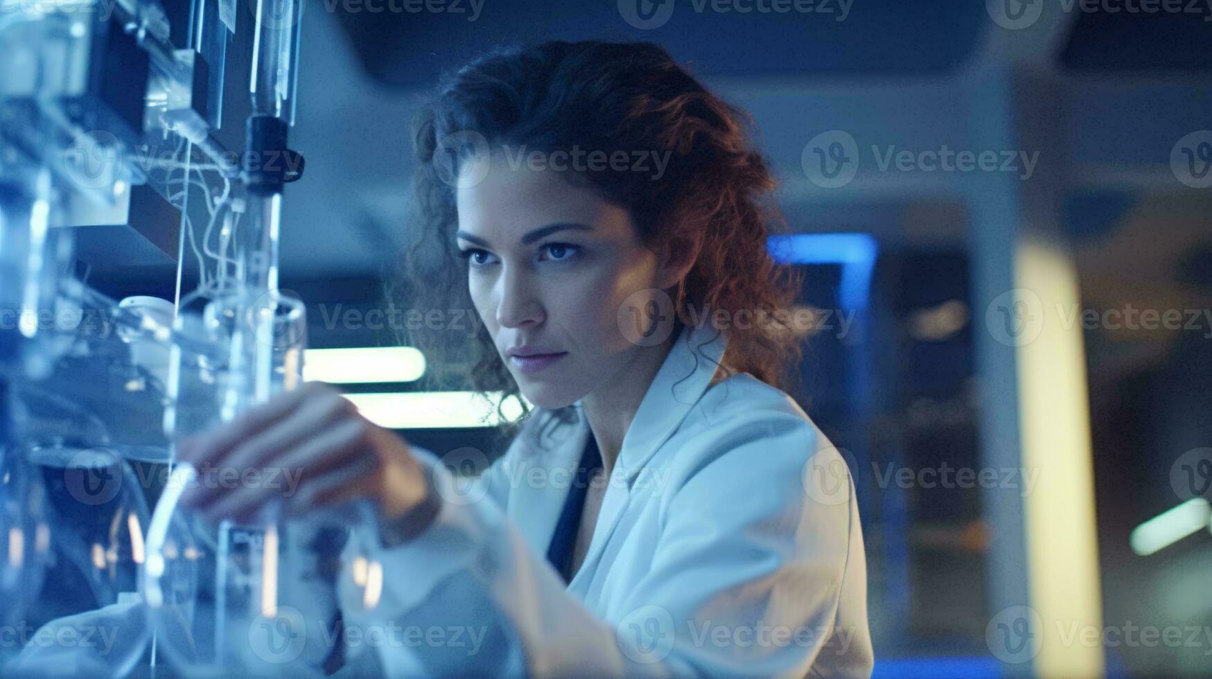 A woman scientist examining an object in a laboratory AI Generated photo