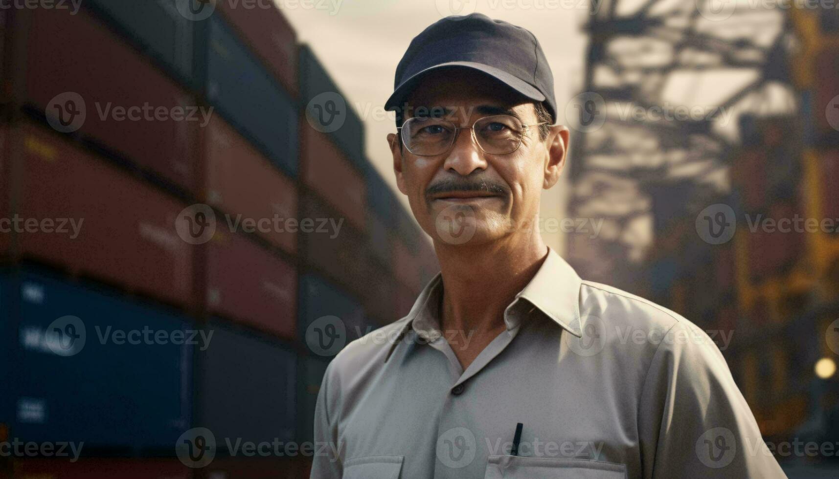 A man standing in front of a stack of shipping containers AI Generated photo