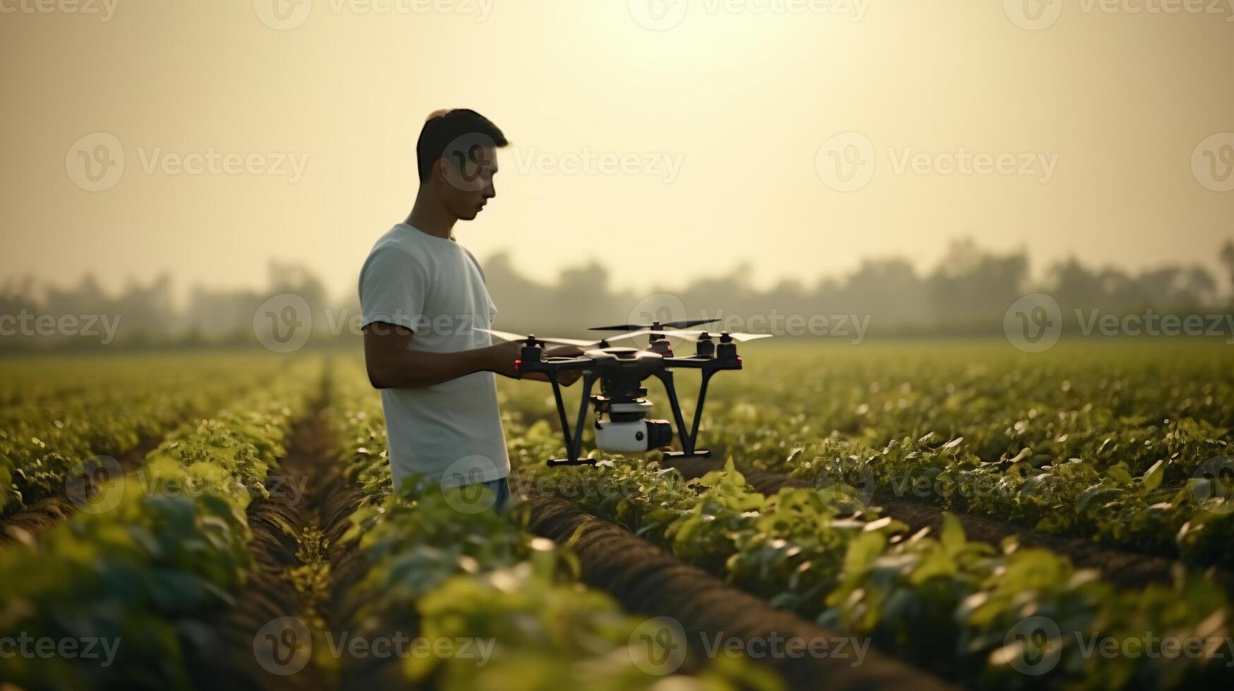 A man flying a remote control airplane in an open field AI Generated 31226232 Stock Photo at