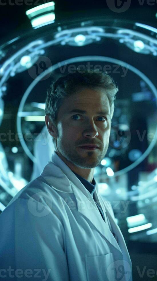 A scientist studying a circular object in a laboratory AI Generated photo