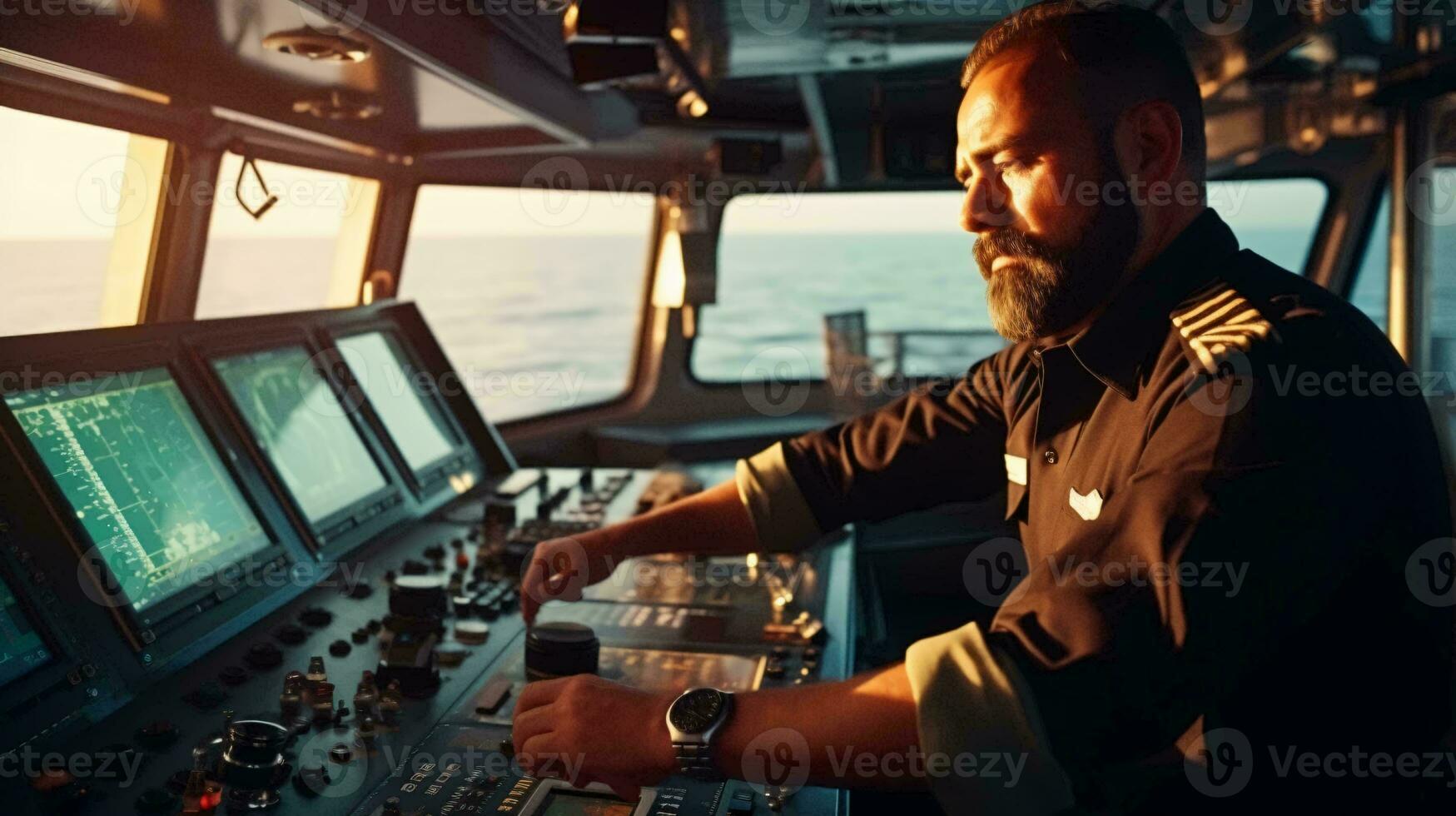 A man operating the control panel of a boat AI Generated photo
