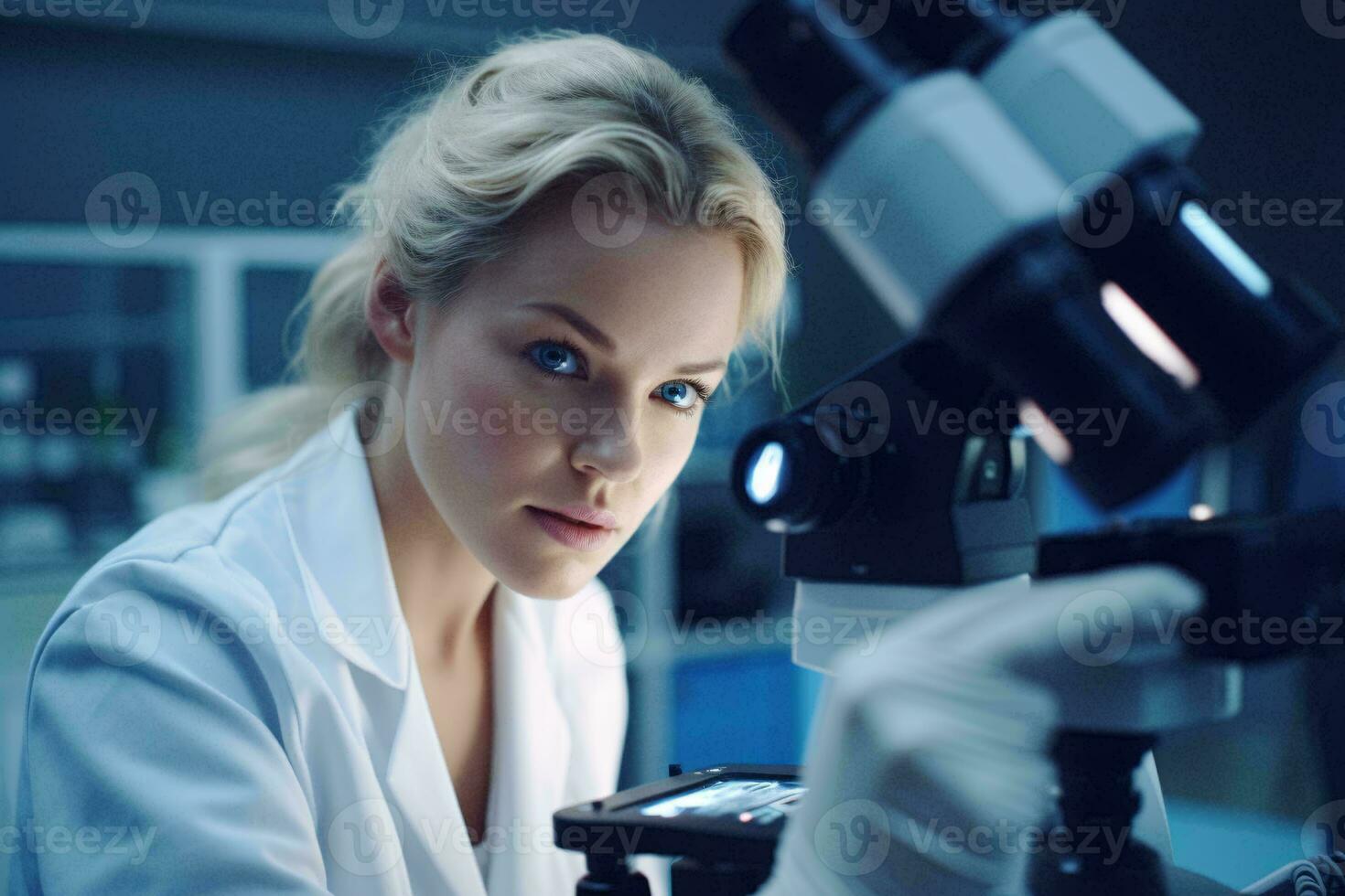 A woman conducting scientific research with a microscope AI Generated photo