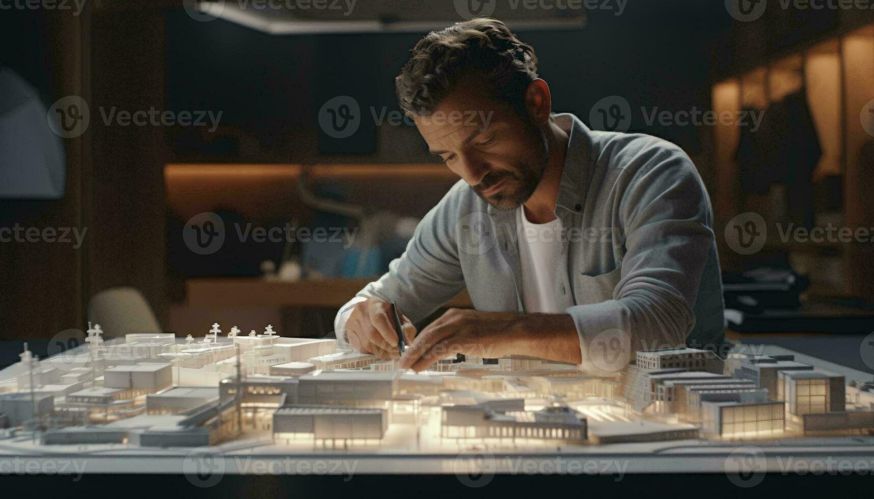 A man with a model city on a table AI Generated photo