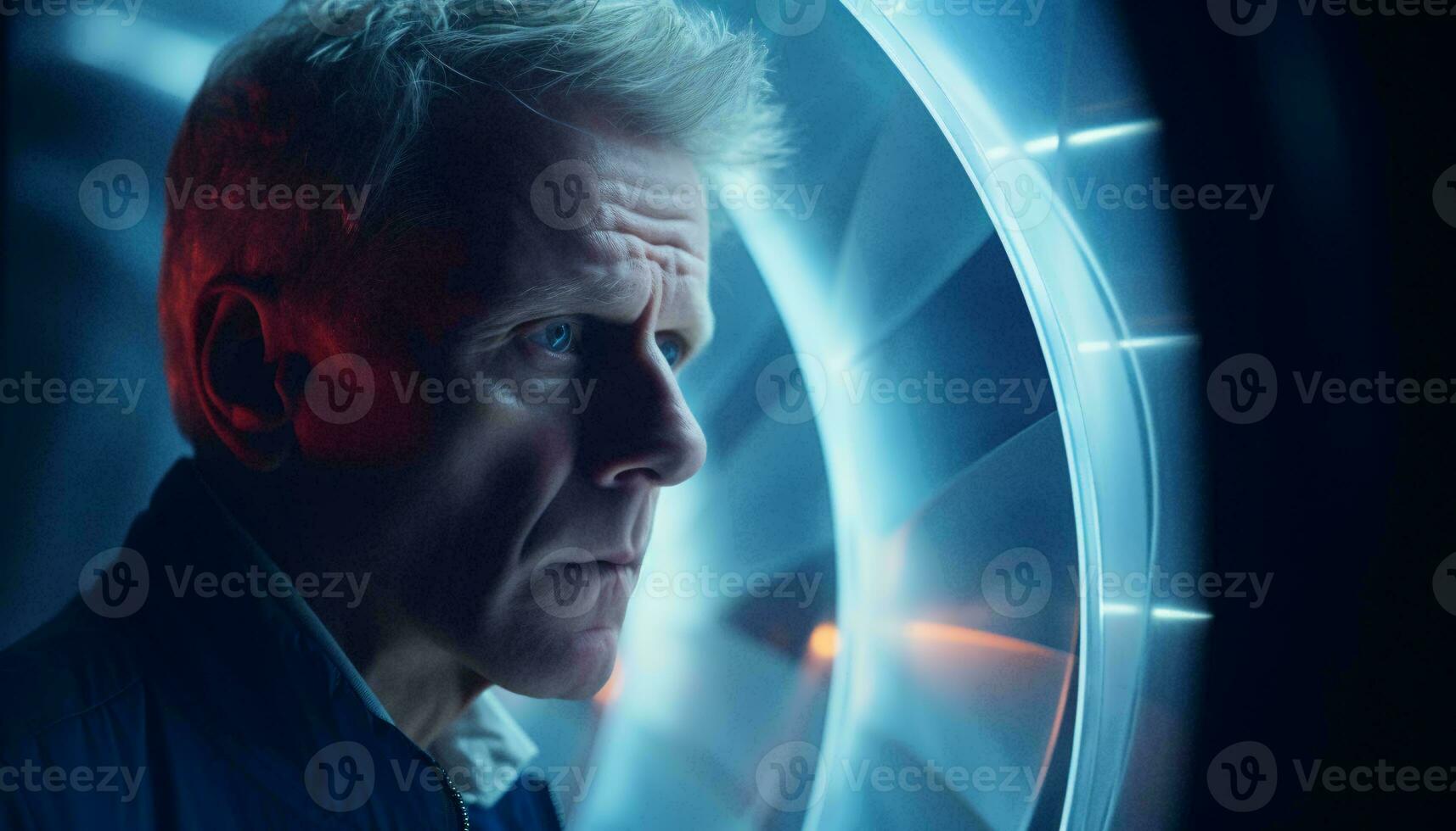 A man in a blue jacket gazing through a window AI Generated photo