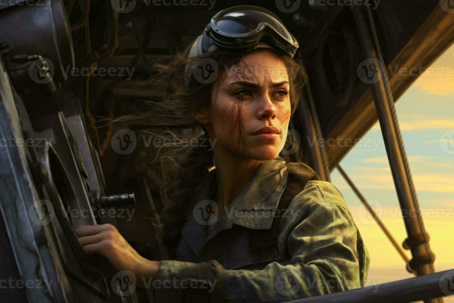 A woman wearing a pilot's helmet on a ship AI Generated photo