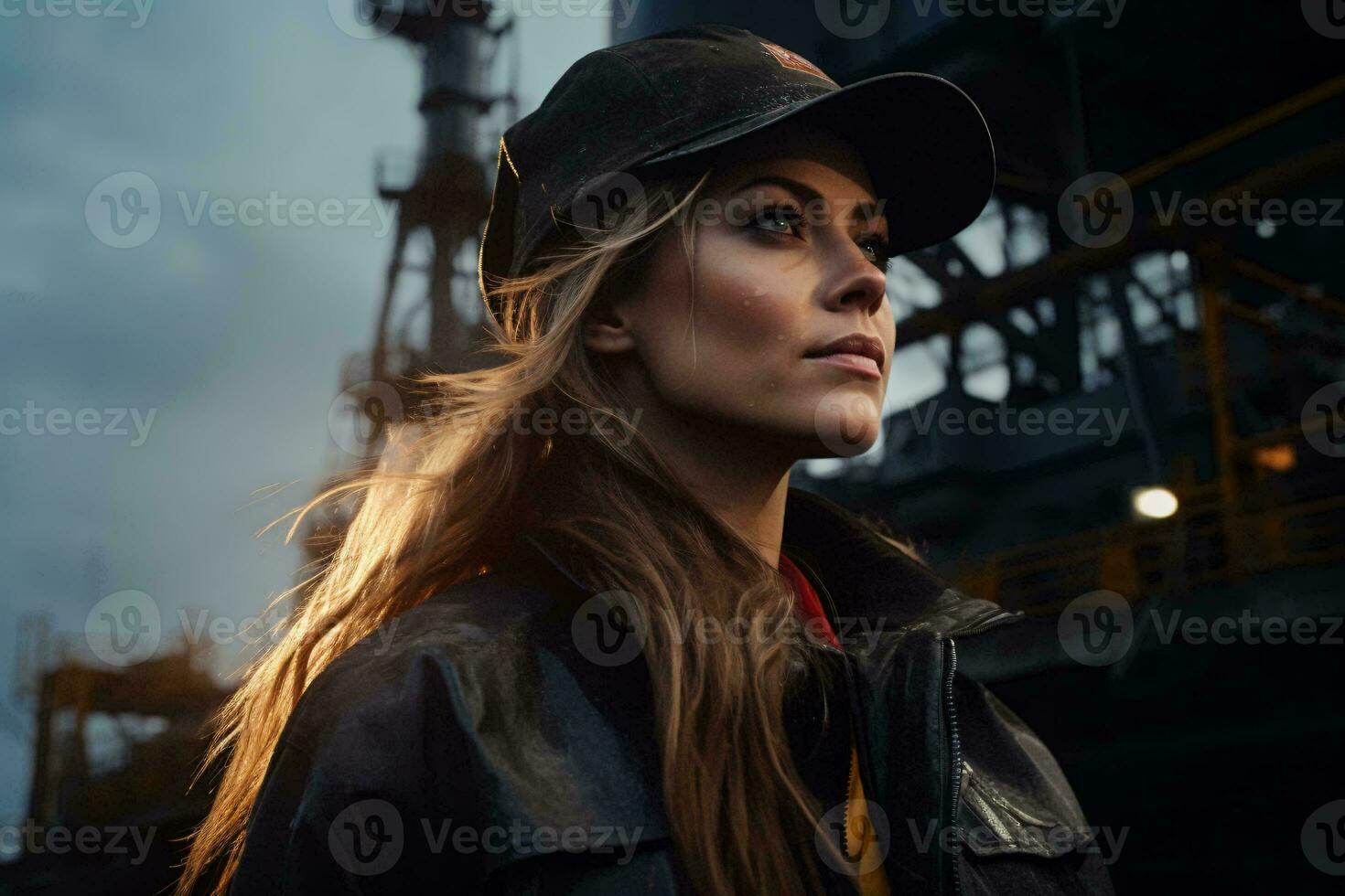A stylish woman in a fashionable hat and leather jacket AI Generated photo