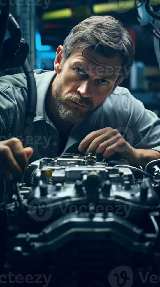 un mecánico trabajando en un coche motor en un garaje ai generado foto