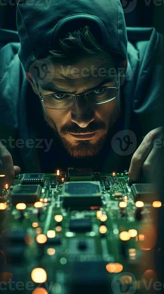 un hombre inspeccionando un complejo circuito tablero con iluminado luces ai generado foto