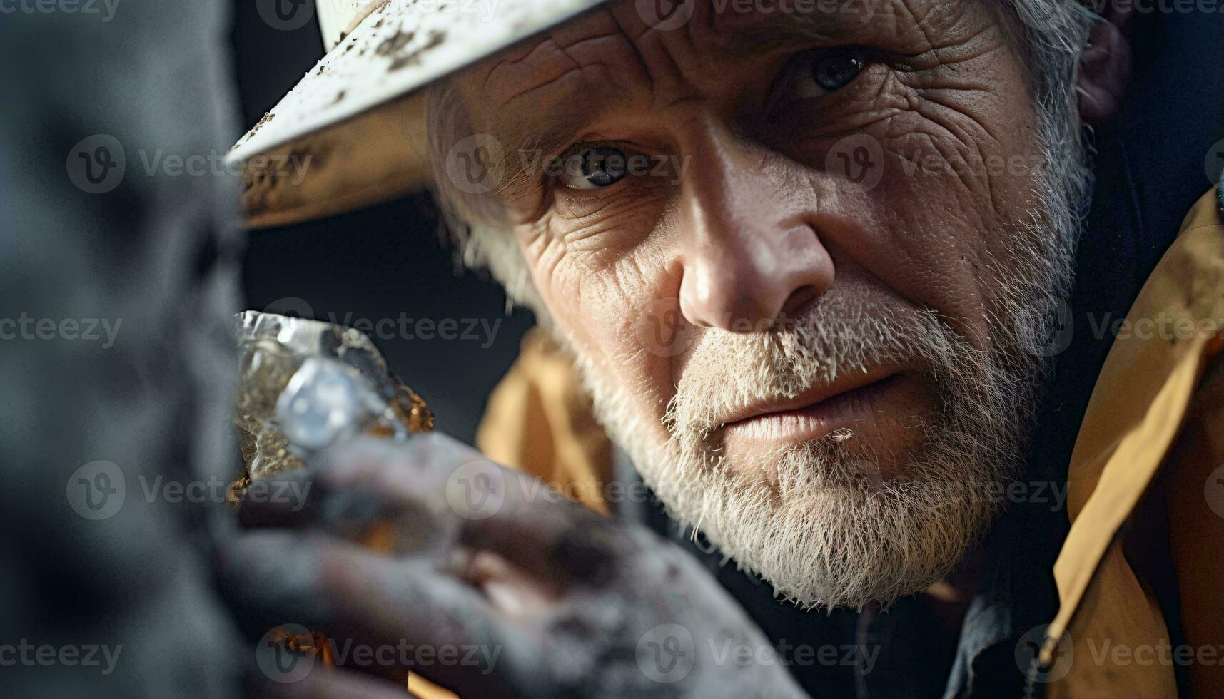 un hombre vistiendo un sombrero y participación un pedazo de metal ai generado foto