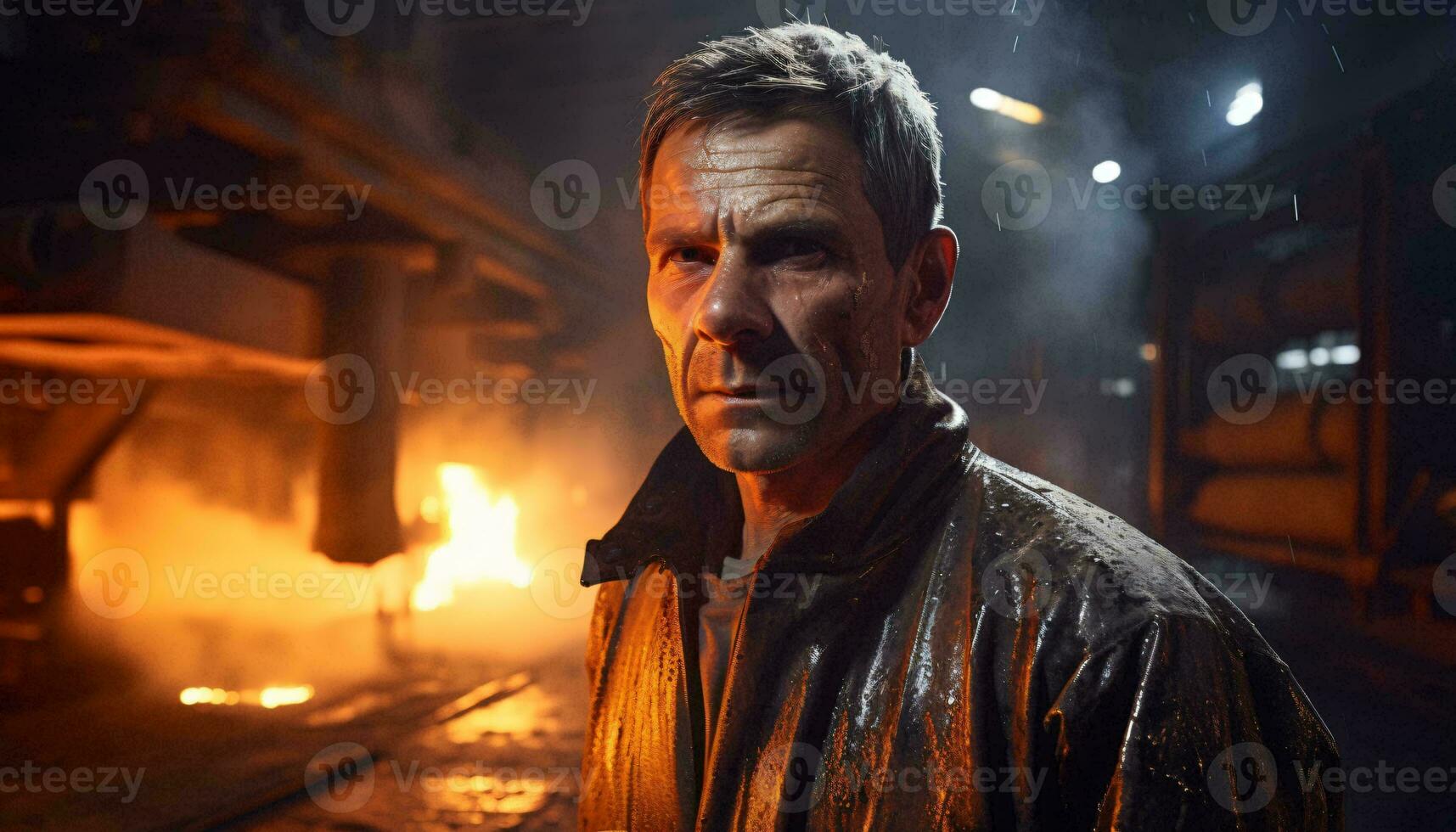 A man standing in front of a roaring fire in a factory AI Generated photo