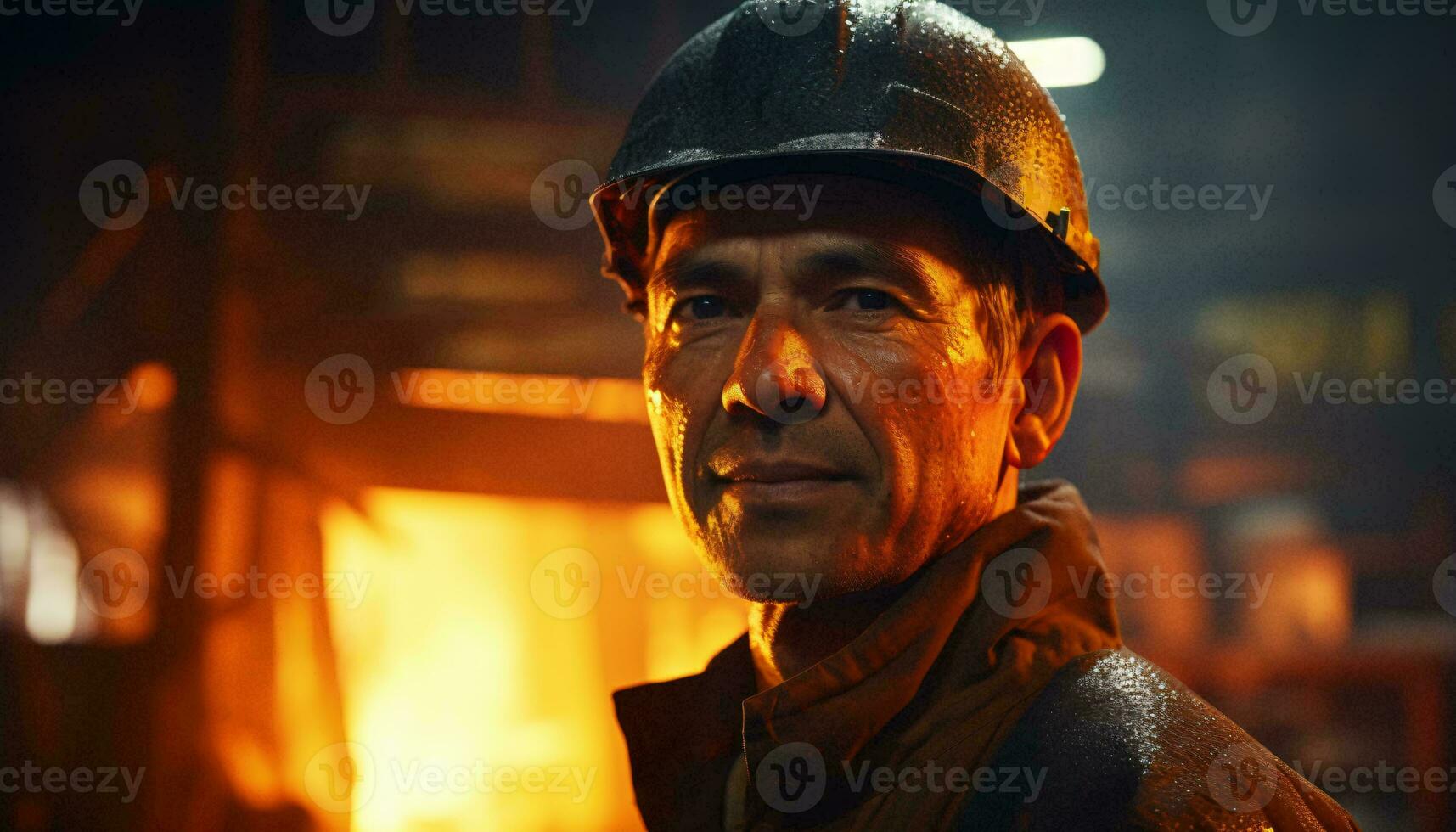 A man in a hard hat standing in front of a fire AI Generated photo
