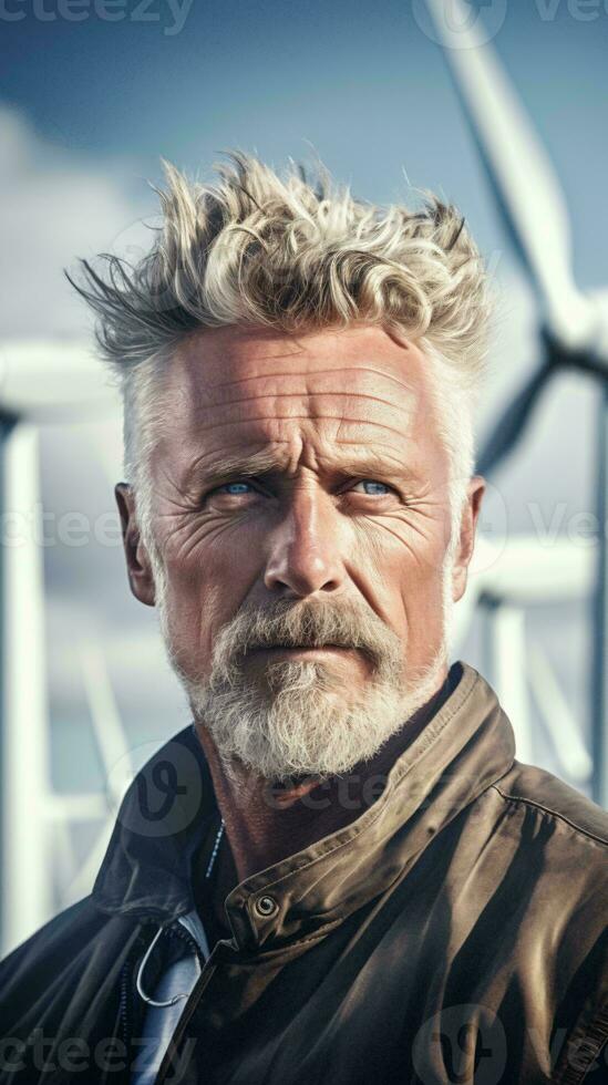 un elegante hombre con un barbas de chivo y rubia pelo vistiendo un cuero chaqueta ai generado foto