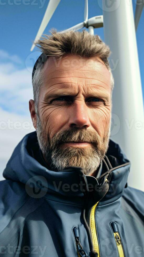 A man with a goatee standing against a backdrop of a wind turbine AI Generated photo