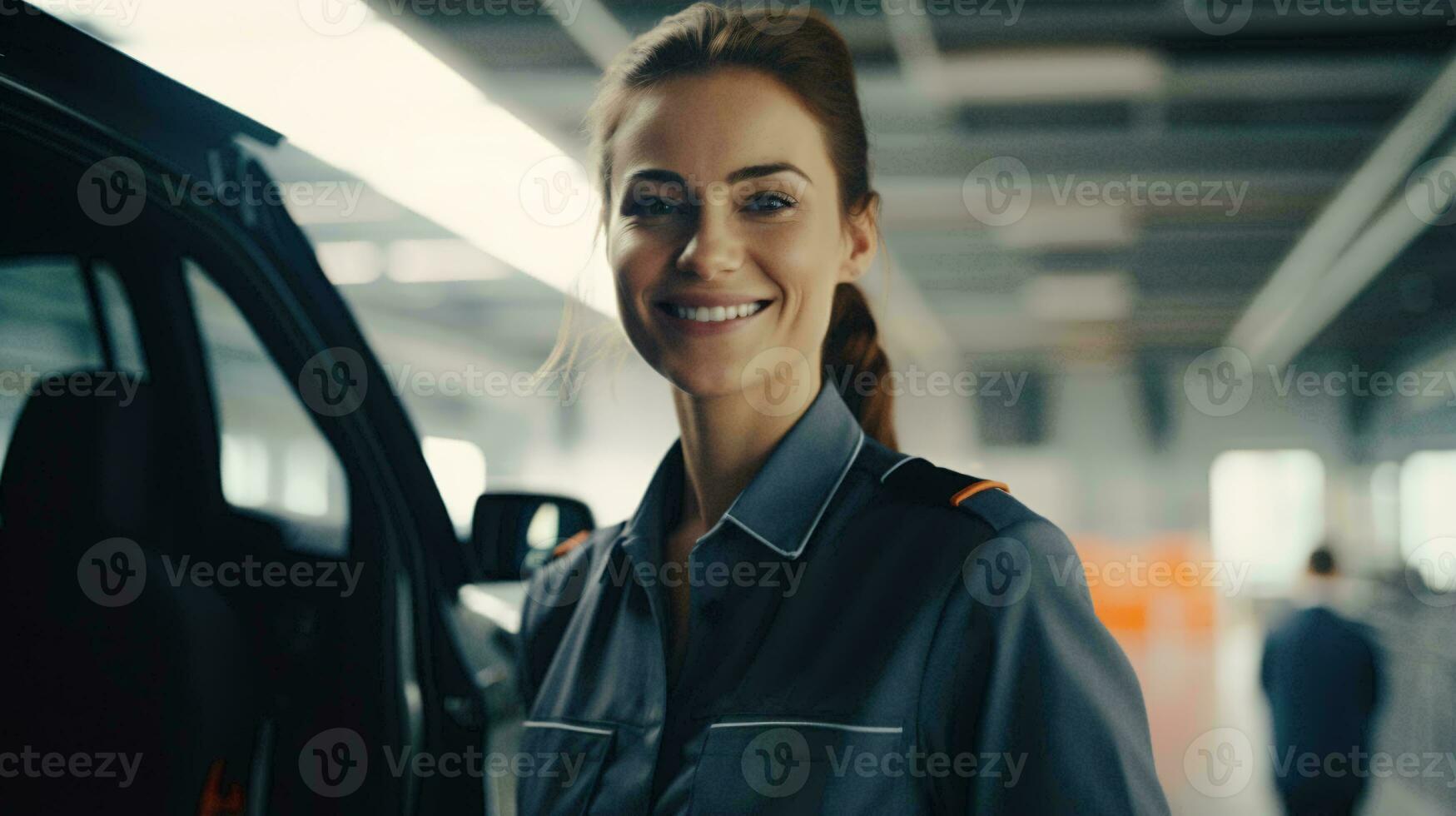 A woman in uniform standing next to a car AI Generated photo