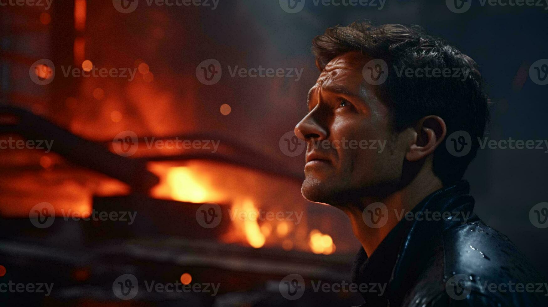 A man standing in front of a blazing fire AI Generated photo