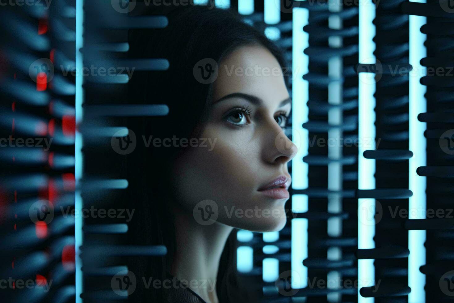 A woman standing in front of a vibrant wall of lights AI Generated photo