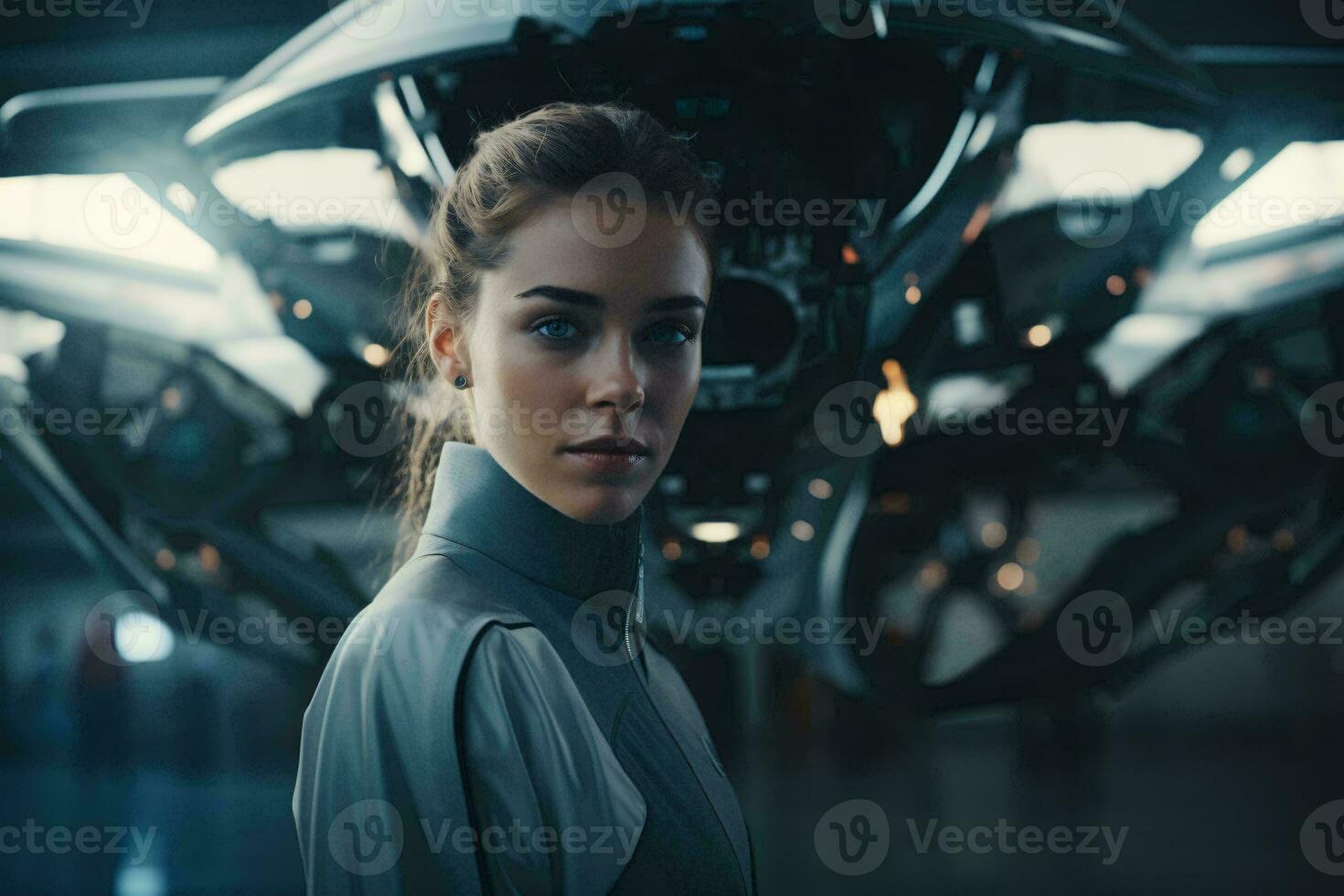 A woman standing in front of a futuristic vehicle AI Generated photo