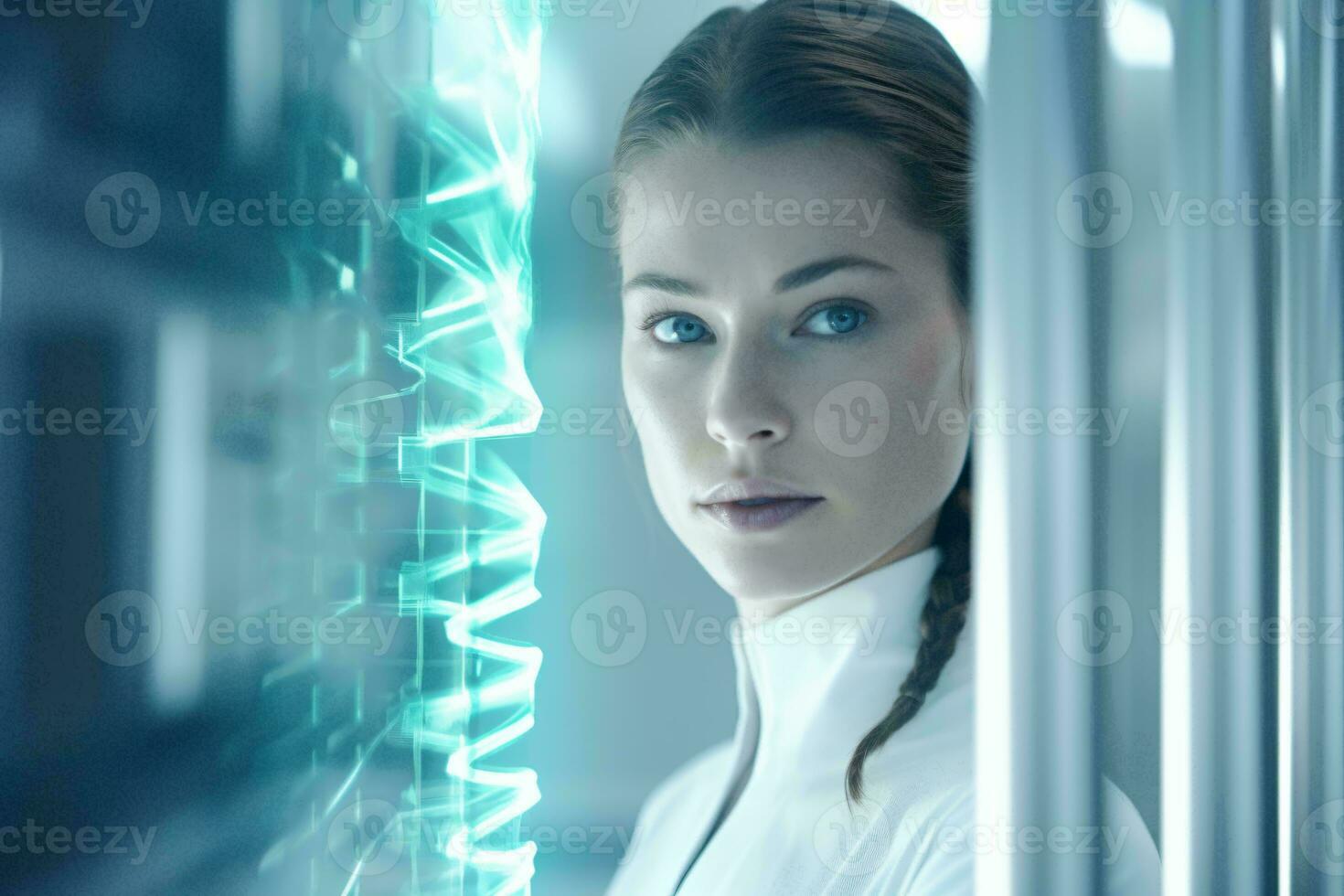 A woman looking out of a window wearing a white shirt AI Generated photo