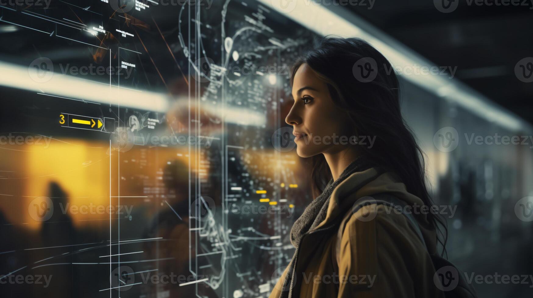 A woman posing in front of a transparent glass wall AI Generated photo