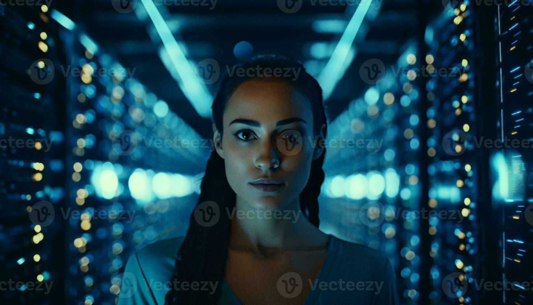 A woman standing in a server room, looking directly at the camera AI Generated photo