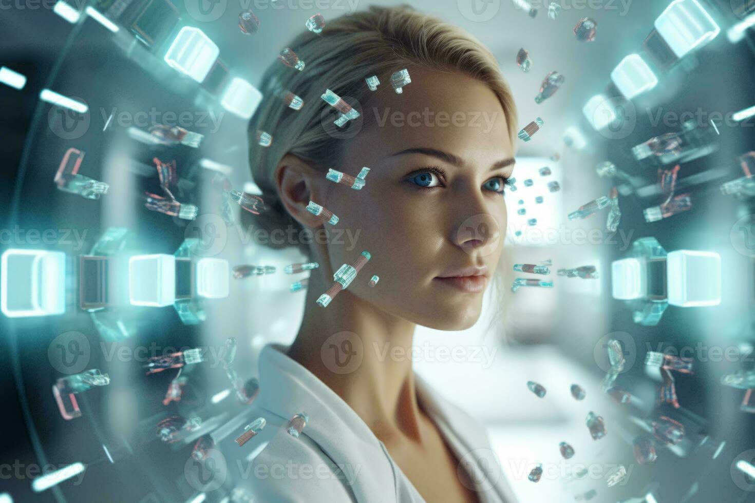 A woman in a white shirt gazing at something with curiosity AI Generated photo