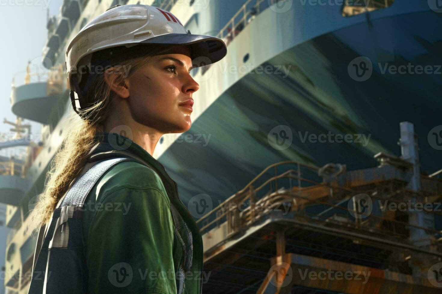 A woman posing in front of a majestic ship AI Generated photo