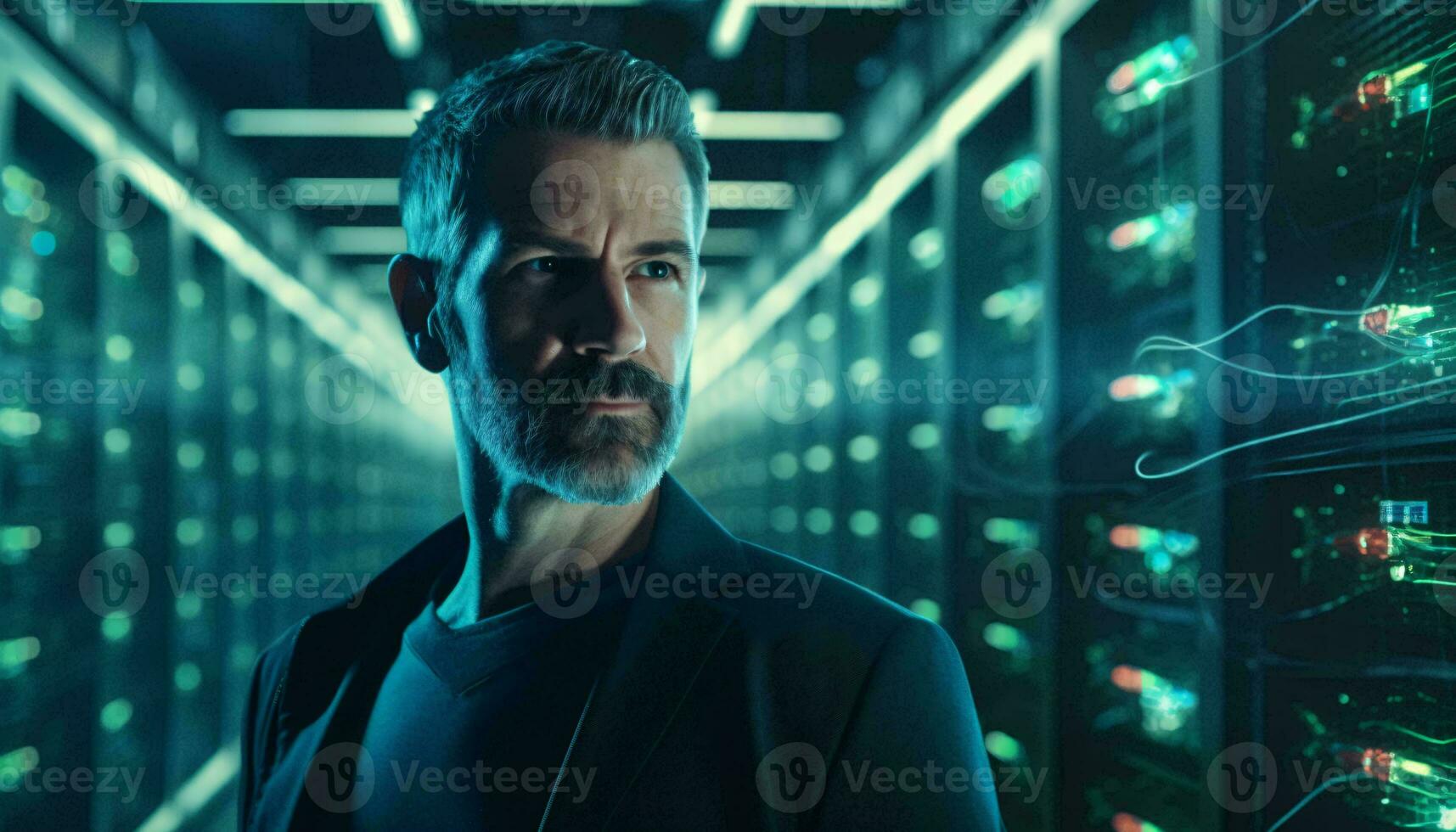 A man standing in front of a server in a server room AI Generated photo