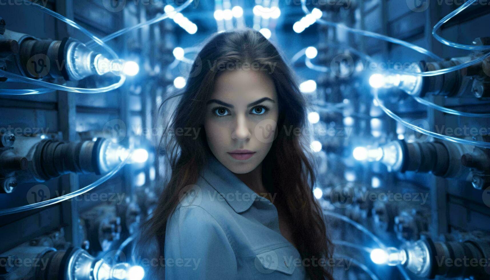 A woman standing in front of a large machine AI Generated photo