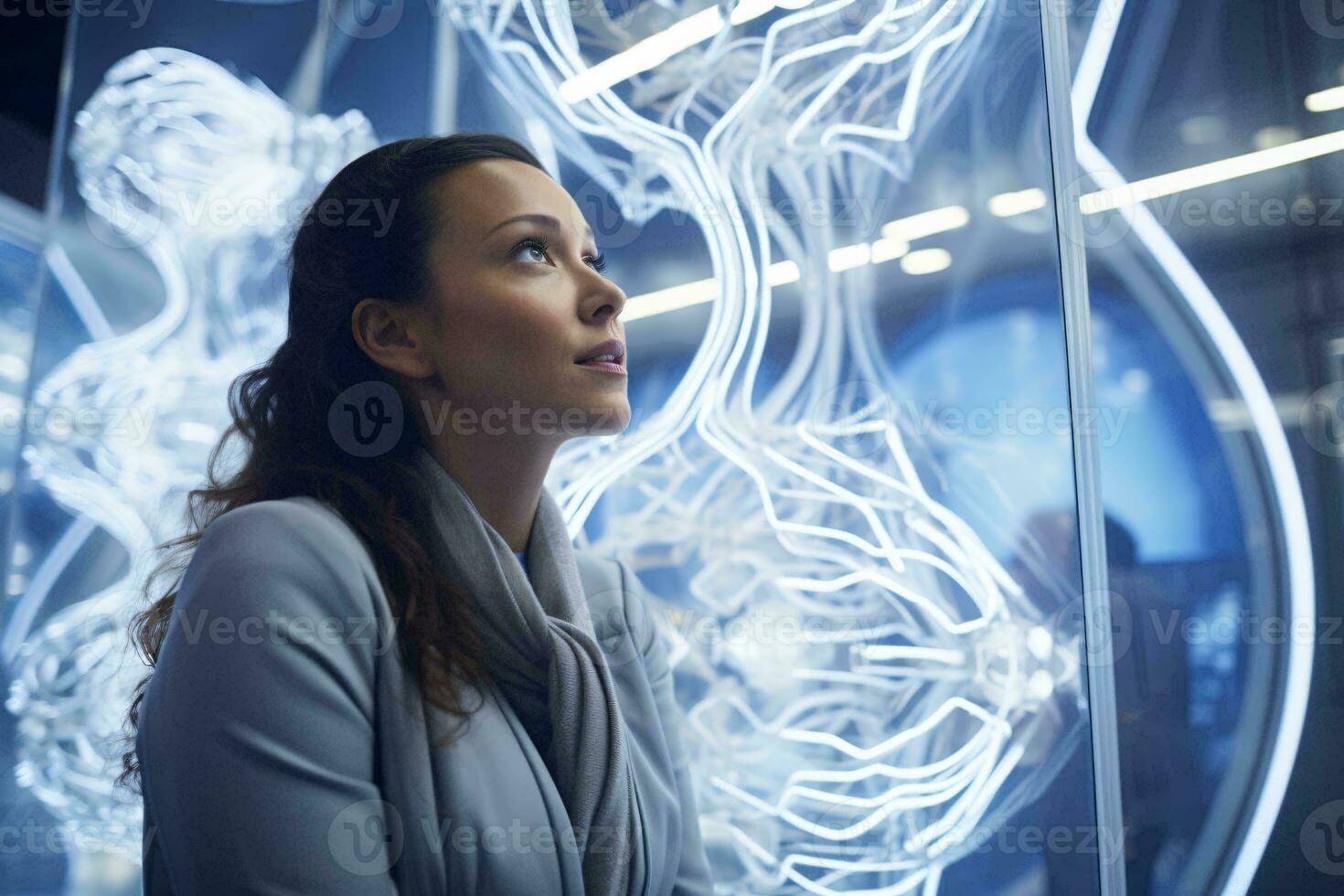 A woman standing in front of a glass wall AI Generated photo