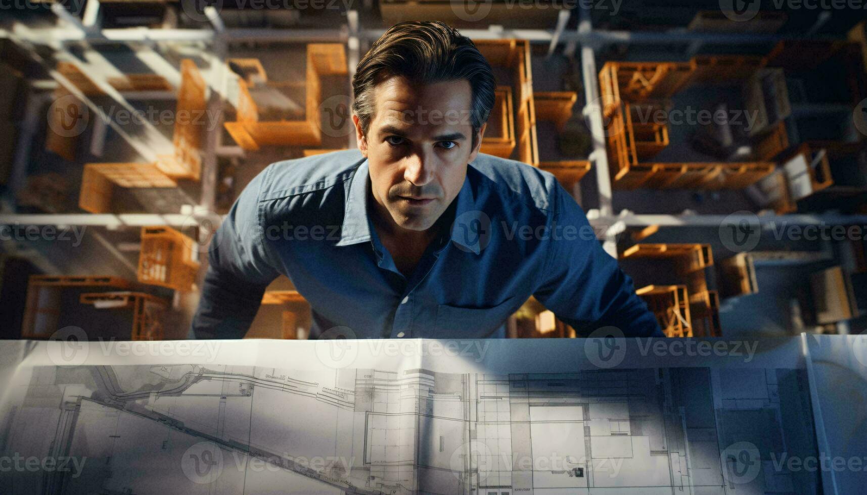 A man studying a blueprint in a warehouse AI Generated photo