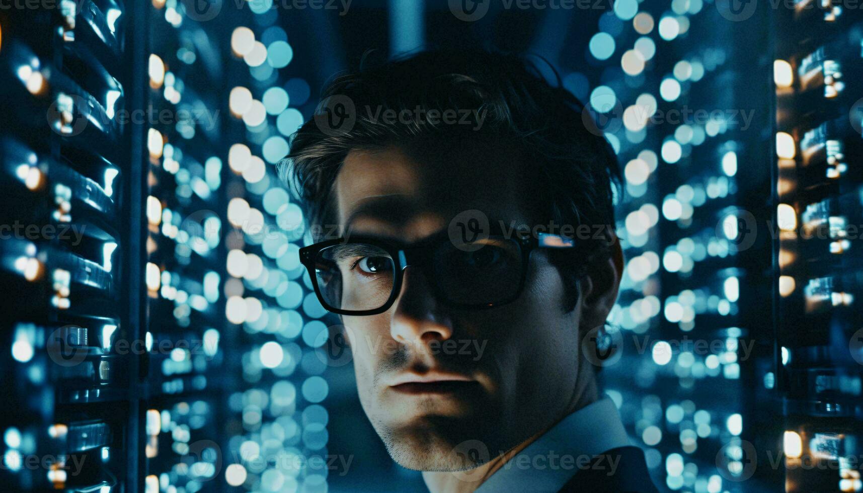 A man in glasses working in a server room AI Generated photo